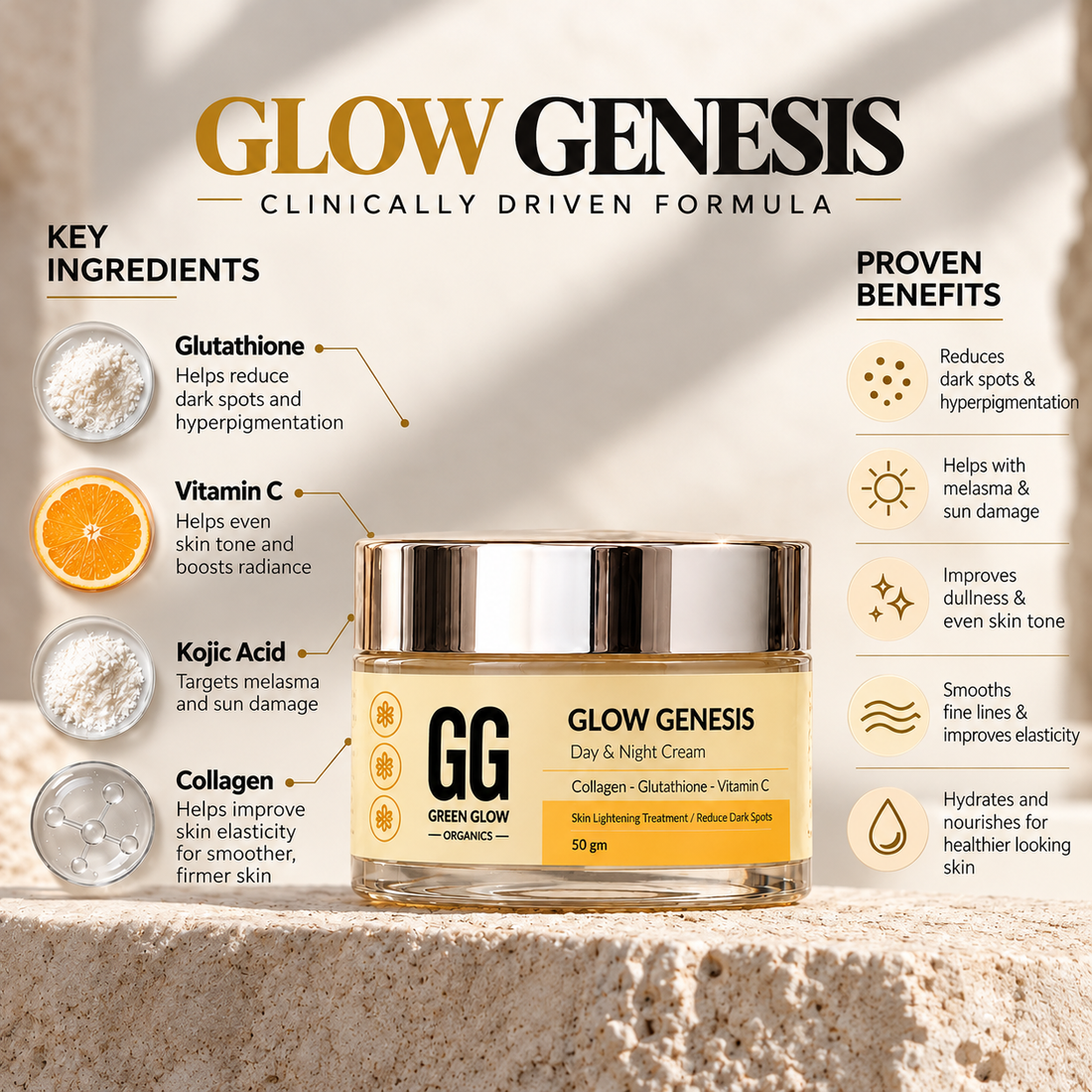 Glow Genesis Cream | Glutathione + Collagen + Vitamin-c | 50 gm